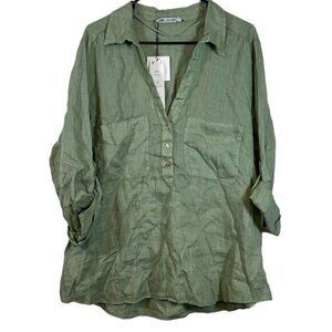 Women's Zara 100% Linen Shirt Basic Light Khaki Green Loose Size XXL NWT #6836